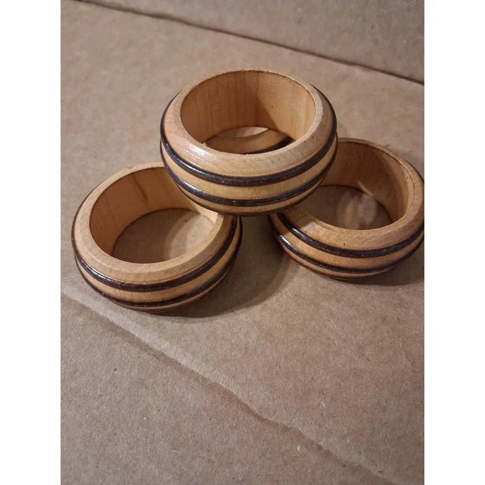 4 Wooden Napkin Rings Vintage Danish MCM‎ Grooved Farmhouse Simple Rustic #25